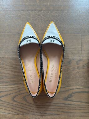 kate spade Yellow, White & Black Pointed Toe Flats with 'TAXI' Detail